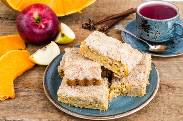 Homemade pumpkin apple pie, tea