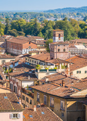 Fototapeta na wymiar Panoramic sight in Lucca with Santa Maria Forisportamth Church. Tuscany, Italy.