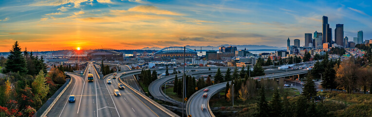 Seattle downtown skyline sunset from Dr. Jose Rizal or 12th Avenue South Bridge