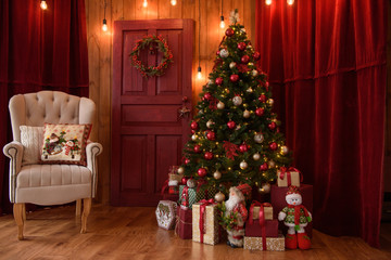 Christmas interior with gift boxes and Christmas fires. It can be used as a background