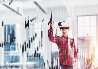 Girl in office experiencing virtual technology world. Mixed medi