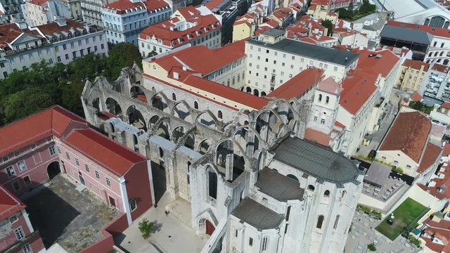 Aerial footage of Carmo Convent is former Portuguese Catholic church located in the civil parish of Santa Maria Maior municipality of Lisbon Portugal and is now a archaeological museum 4k resolution