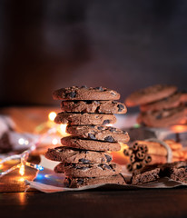 round chocolate cookies in a stack