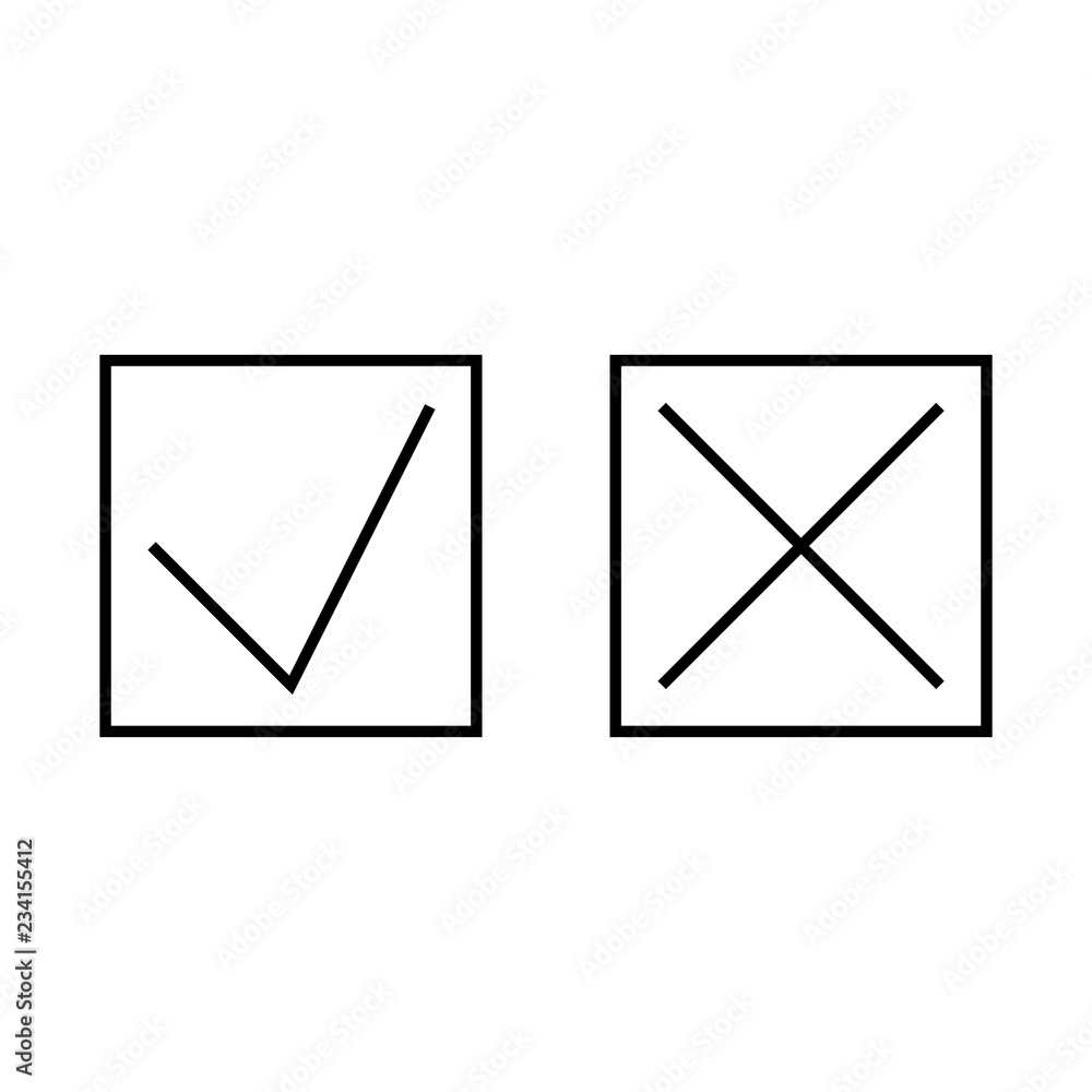 Poster set of black isolated outline icons of cross and tick on white background. line icon of check box. y