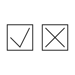 Set of black isolated outline icons of cross and tick on white background. Line icon of check box. Yes. No.