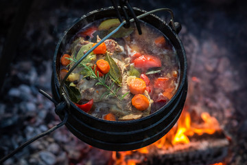 Tasty and homemade hunter's stew with vegetables and herbs