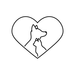Donation for pets linear icon. Animals welfare. Thin line illustration. Heart with cat and dog snouts inside. Contour symbol. Vector isolated outline drawing.