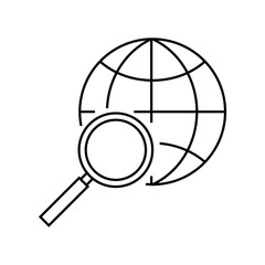 Search worldwide line icon, outline vector sign, linear style pictogram isolated on white. Globe and magnifier glass symbol, logo illustration.