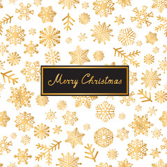 Merry Christmas lettering greeting card background. Snow pattern with golden snowflakes
