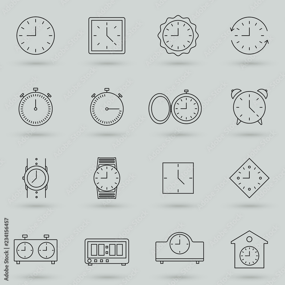 Poster time and clock line icons. vector linear icon set.