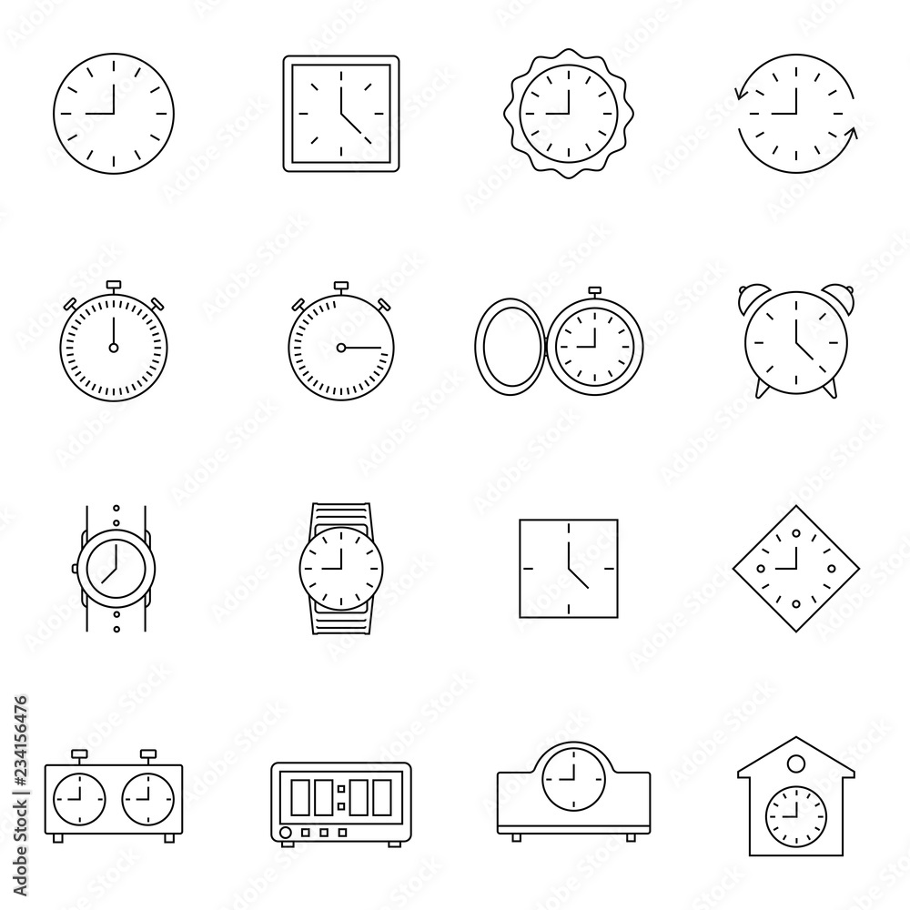 Poster time and clock line icons. vector linear icon set.