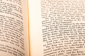 English words shown on two open book pages with selective depth of field.