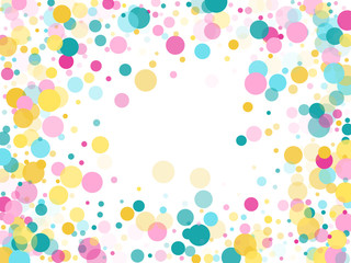 Memphis round confetti festive background in cyan blue, pink and yellow. Childish pattern vector.