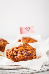 Vegan berry muffins on white background, Valentine's Day food.