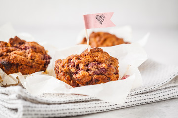 Vegan berry muffins on white background, Valentine's Day food.
