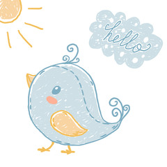 Vector hand drawn cute bird. Sketch stile card.