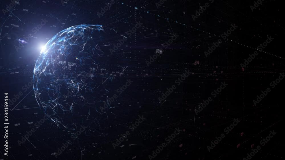 Aufkleber artistic computer numbers data with sunny network sphere motion background. view from space.
