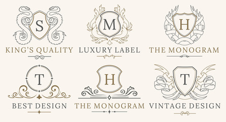 Retro Royal Vintage Shields Logotype set. Vector calligraphyc Luxury logo design elements. Business signs, logos, identity, spa, hotels, badges