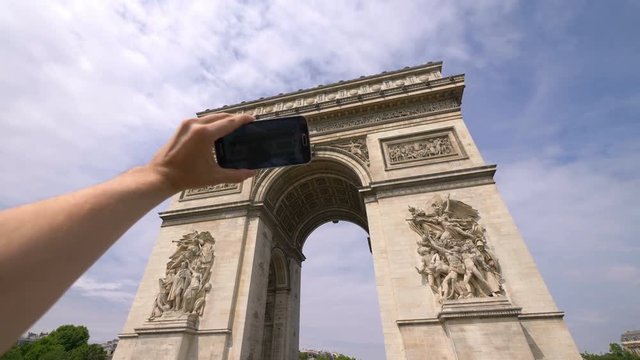 Point of view on the taking a selfie view on Arc de Triomphe in Paris in 4k slow motion 60fps