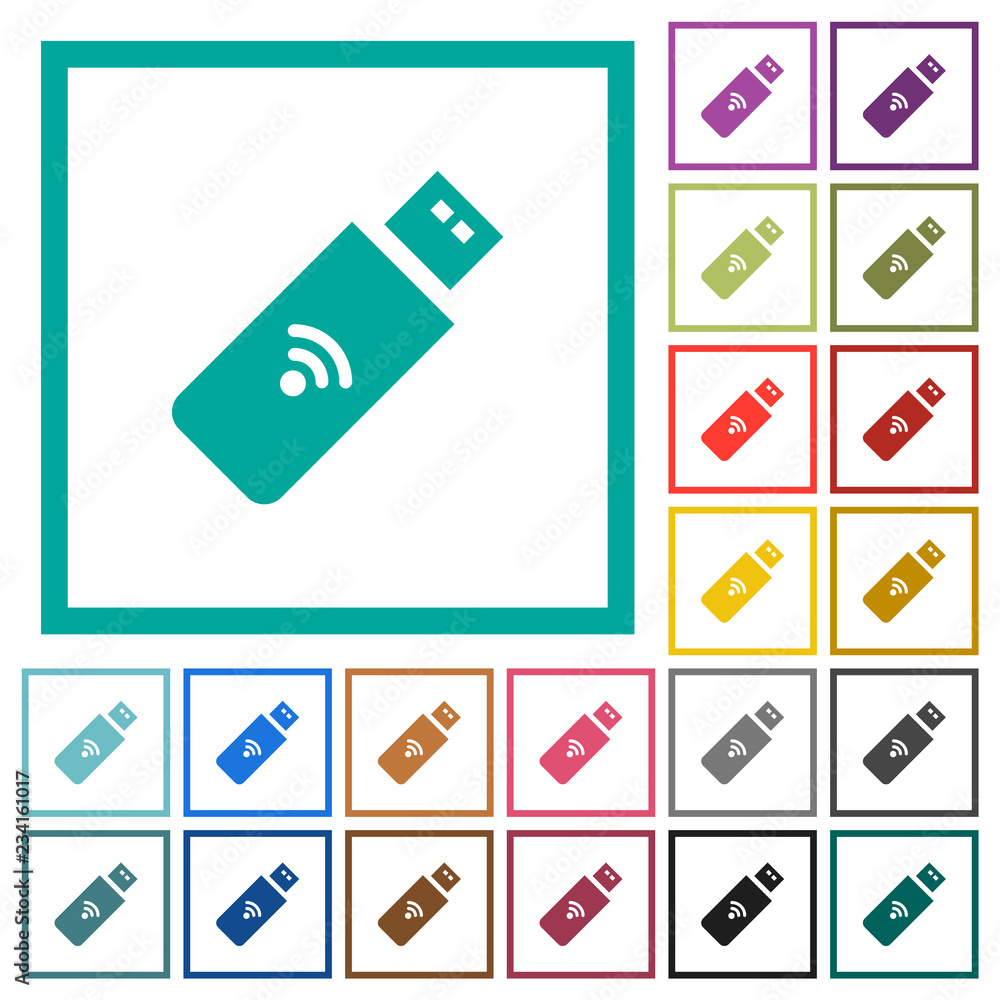 Poster wireless usb stick flat color icons with quadrant frames