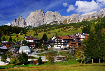 Panoramic view of Cortina d'Ampezzo in autumn colours, also known as the Pearl of the Dolomites,...