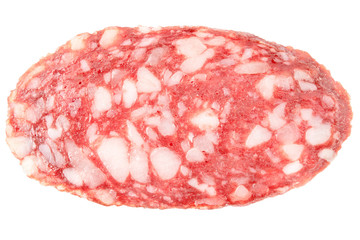 oval salami sausage slice texture isolated on white background top view macro detail