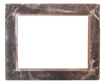 back side of aged blank wooden photo frame isolated on white background