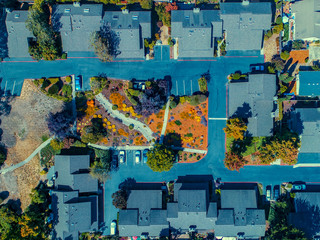 An aerial look at a common garden space in a condo community