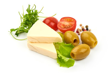 Creamy American cheese with lettuce, onion, olives and slliced tomato, isolated on white background. Close-up