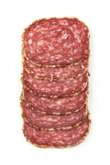 Sliced Dried Salami, isolated on white background. Close-up