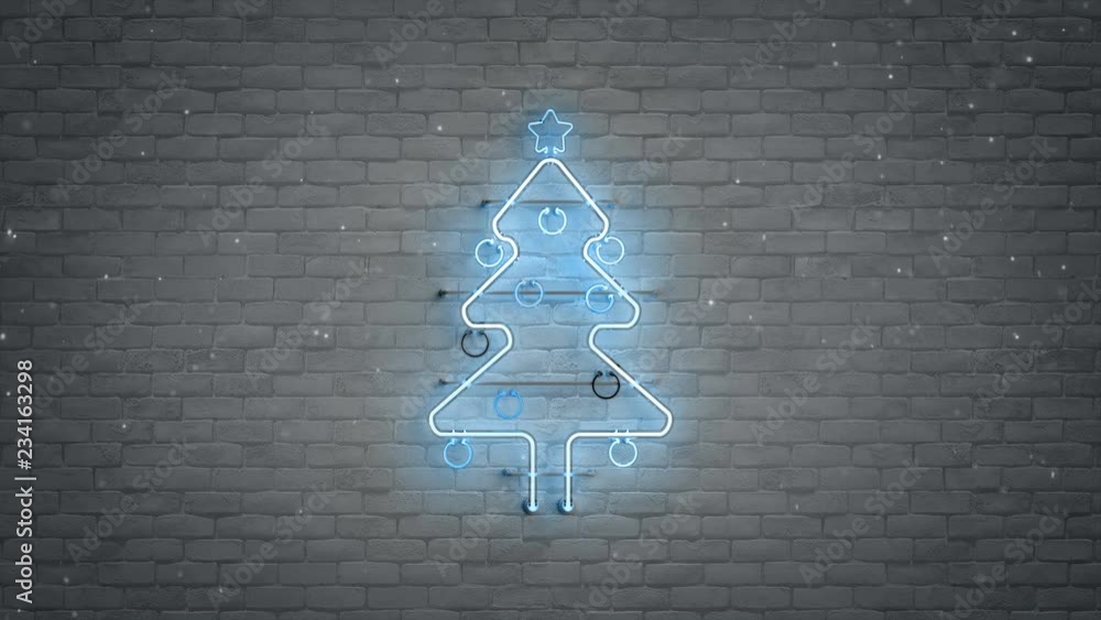 Poster blue glow neon light christmas tree symbol and snowfall. seamless loop 3d render animation
