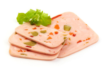 Thinly Sliced boiled ham sausage with lettuce, isolated on a white background. Close-up.