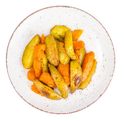 Healthy vegetarian diet food, baked vegetables, pumpkin and potatoes