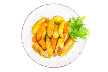 Healthy vegetarian diet food, baked vegetables, pumpkin and potatoes