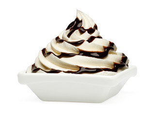 Soft ice cream or Vanilla frozen yogurt with chocolate sauce in white bowl or cup isolated on white background