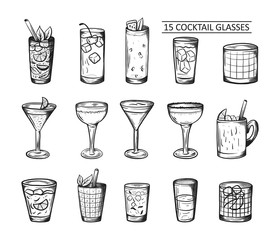 Alcoholic drinks set. Glass of cocktails. Isolated black and white vintage engraving. Sketch art style. Hand draw. Vector illustration