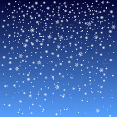 Fototapeta na wymiar Falling snow and snowflakes on dark blue background with gradient. Vector illustration