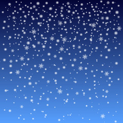 Falling snow and snowflakes on dark blue background with gradient. Vector illustration