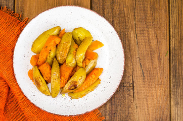 Healthy vegetarian diet food, baked vegetables, pumpkin and potatoes