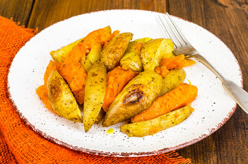 Healthy vegetarian diet food, baked vegetables, pumpkin and potatoes