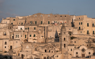 Houses built into the rock in the cave city of Matera, Basilicata Italy. Matera has been designated...