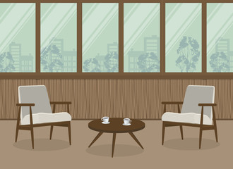 Two white armchairs and a coffee table on a window background. Interior of balcony-loggia with wooden walls. Vector illustration