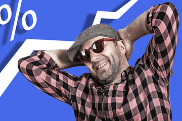 Attractive adult in a plaid shirt, glasses and a cap on a blue background with a white schedule to...
