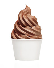 Soft chocolate ice cream or frozen yogurt in white blank takeaway paper cup isolated on white background