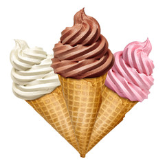 Strawberry, vanilla and chocolate soft ice creams or frozen yogurt in cone isolated on white background