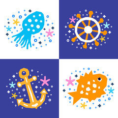 Cutout marine style kids design element paper flyer card set. Vector funny cartoon ocean fish, jellyfish, anchor, helm doodle background. Maritime backdrop. Child graphic sea posters