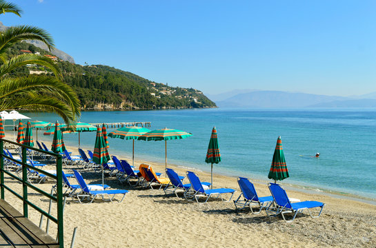 Ipsos Beach in Corfu sun loungers