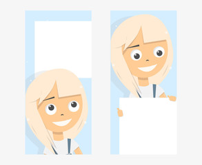 Banner on the phone screen, templates. Girl holding blank board. Stories photo frame. 
