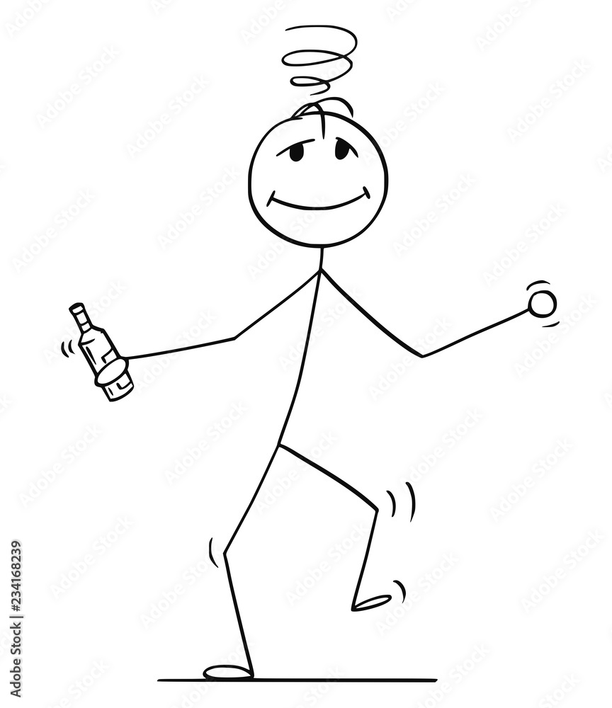 Sticker cartoon stick drawing conceptual illustration of drunk man walking or dancing with bottle in hand.