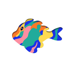 Paper cut cartoon fish shape in polygonal trendy craft style. Modern origami design.  Trendy concept fashion design. Banner, logo.  Isolated object. Vector illustration